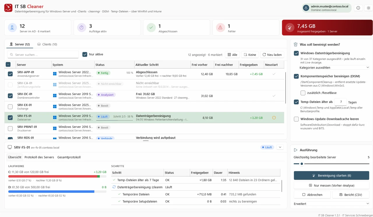 IT SB Cleaner: Server aus dem AD mit Status, aktuellem Schritt und freigegebenem Platz, rechts die Optionen