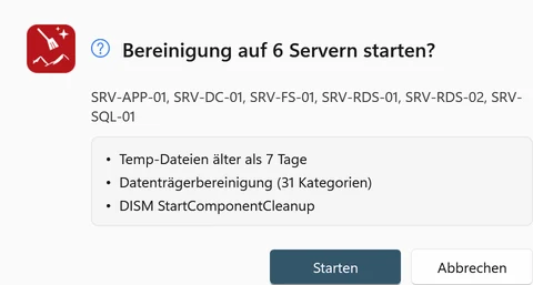 Rückfrage vor dem Start: Server und gewählter Umfang der Bereinigung