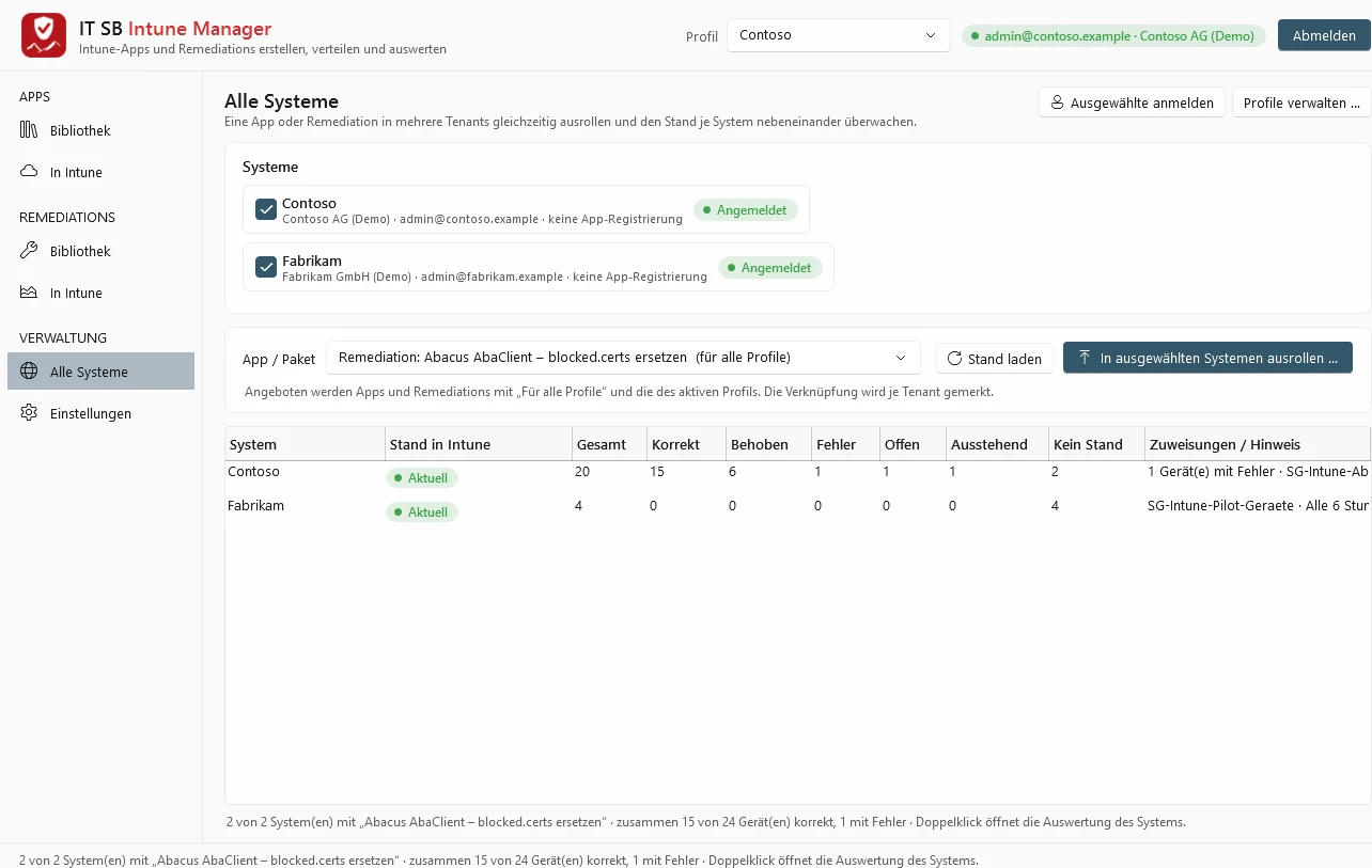 All systems: roll out a remediation to two tenants at the same time and compare the status