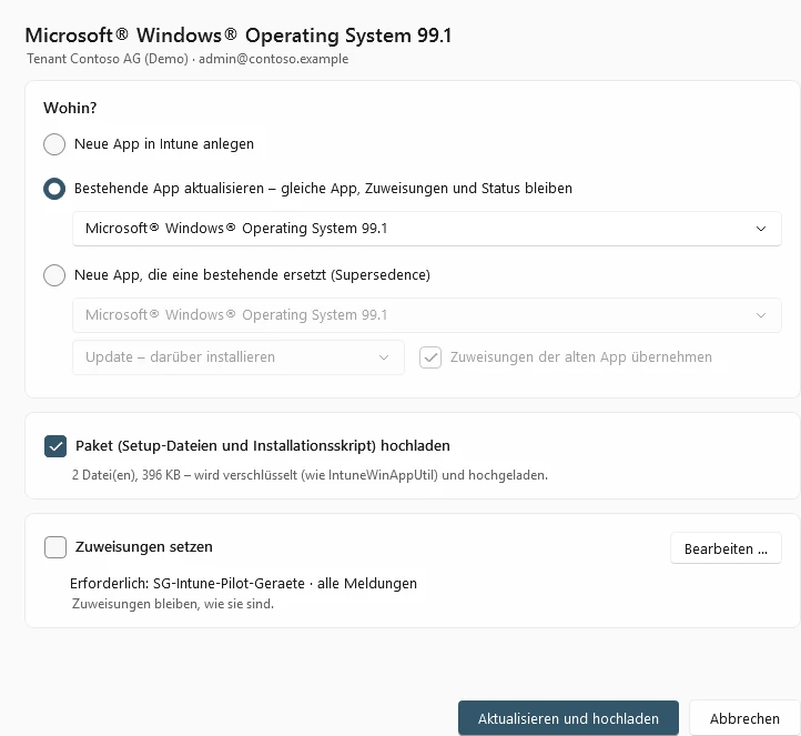 Publish dialog: new app, update an existing app or replace via supersedence