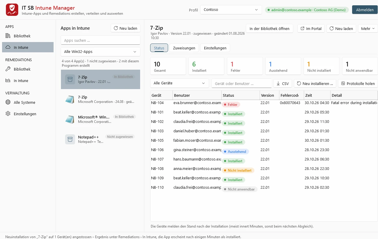 Apps in Intune: Win32 apps of the tenant, on the right the installation status per device
