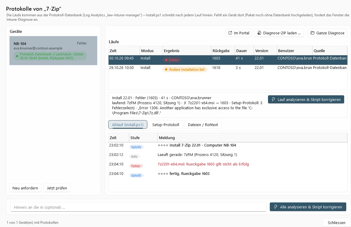 Logs of an app: runs per device from the log database with result, sequence and analysis