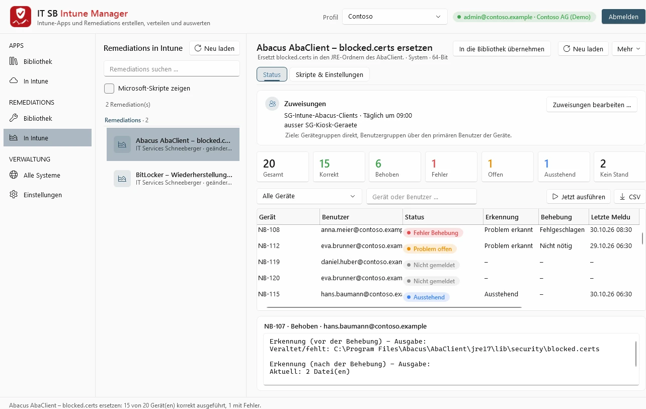 Remediation in Intune: assignments, summary and result per device with script output
