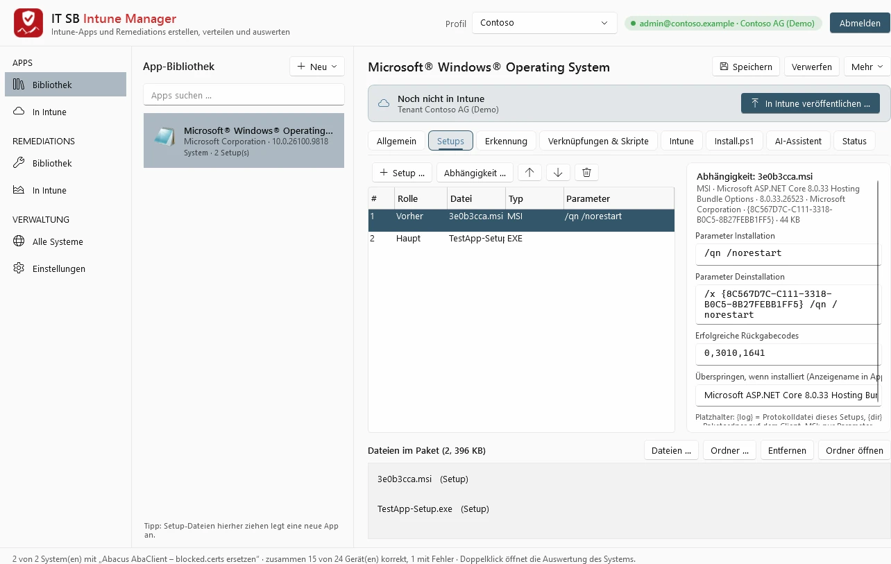 Setups tab: main setup and dependency with parameters for installation and uninstallation