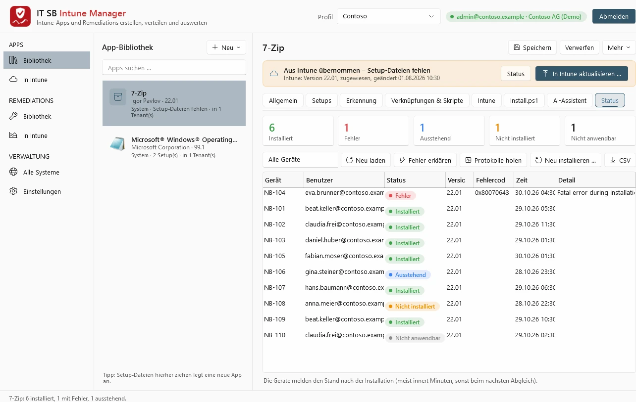 IT SB Intune Manager: app library with 7-Zip, status in Intune and installation status per device (demo tenant)