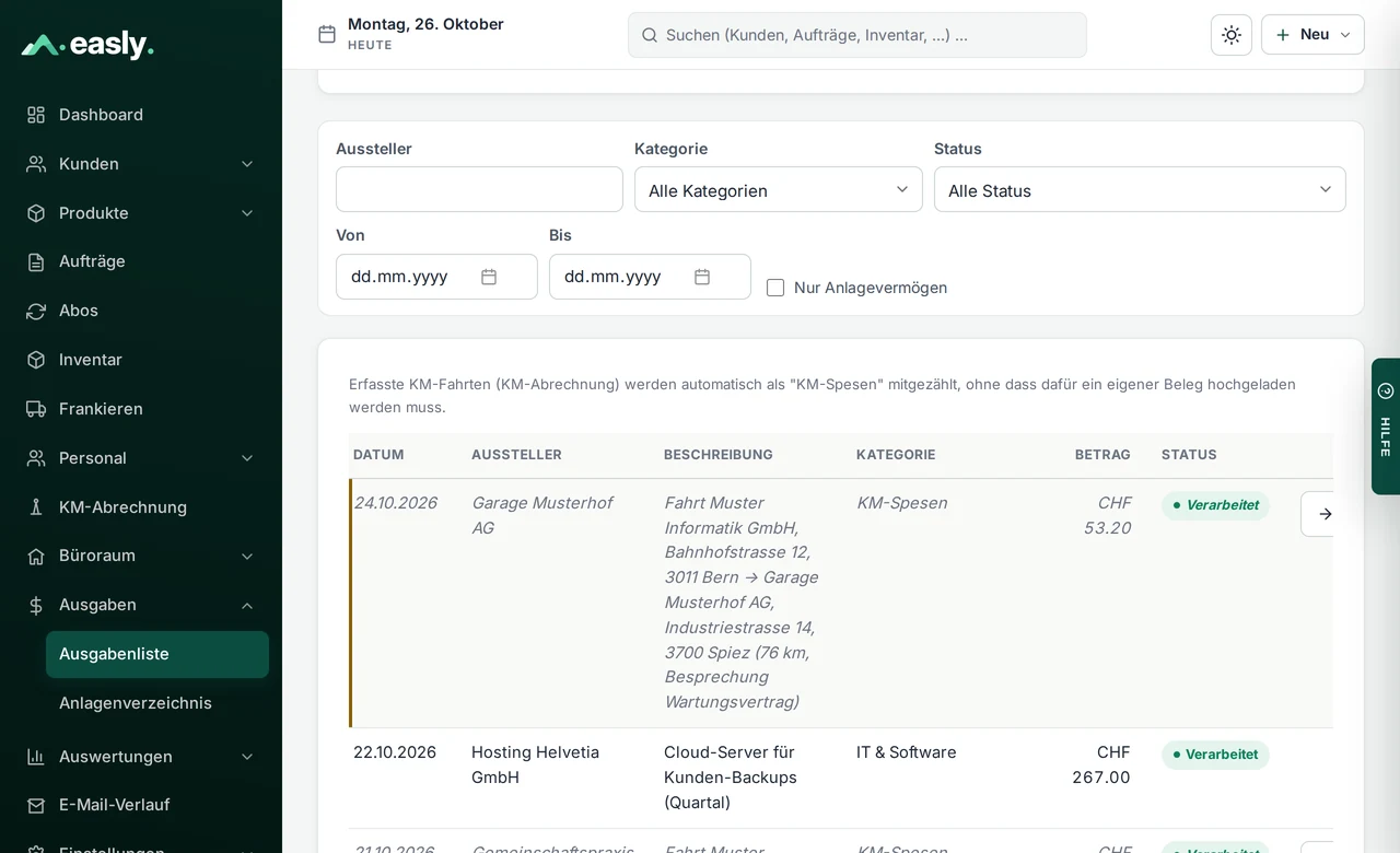 Ausgabenliste mit automatisch ausgelesenen Belegen, Kategorien, Beträgen und Status