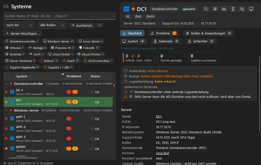 Systemliste mit Detailansicht eines Domänencontrollers