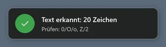 Einblendung: Text erkannt, 20 Zeichen – prüfen: 0/O/o, Z/2