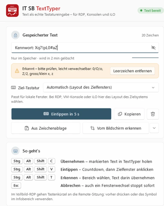 IT SB TextTyper: gespeicherter Text, Ziel-Tastatur und Tastenkürzel